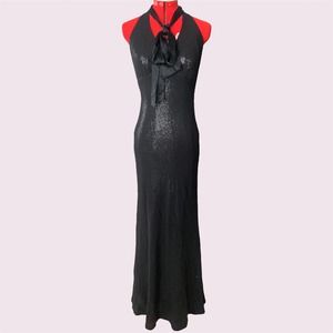 Carmen Marc Valvo Silk Dress Long Black Sequin Formal Dress Size 6